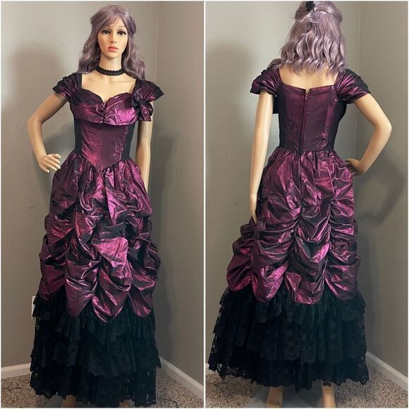 Vintage One of a kind Wine Metallic Prom Dress with Layers of Ruffled Black Lace - Picture 1 of 15